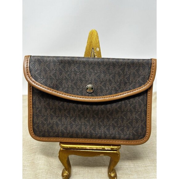 Michael Kors Brown MK Logo Pattern Light Trim Snap Closure Small Bag Storage - Picture 1 of 6